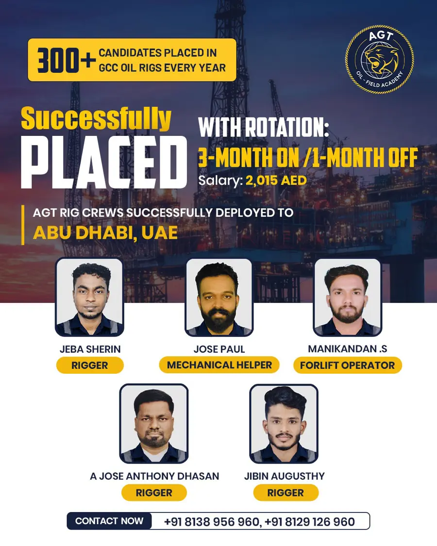AGT placement announcement: rig crew deployed to Abu Dhabi, UAE — Jeba Sherin, Jose Paul, Manikandan S, A Jose Anthony Dhasan, Jibin Augusthy