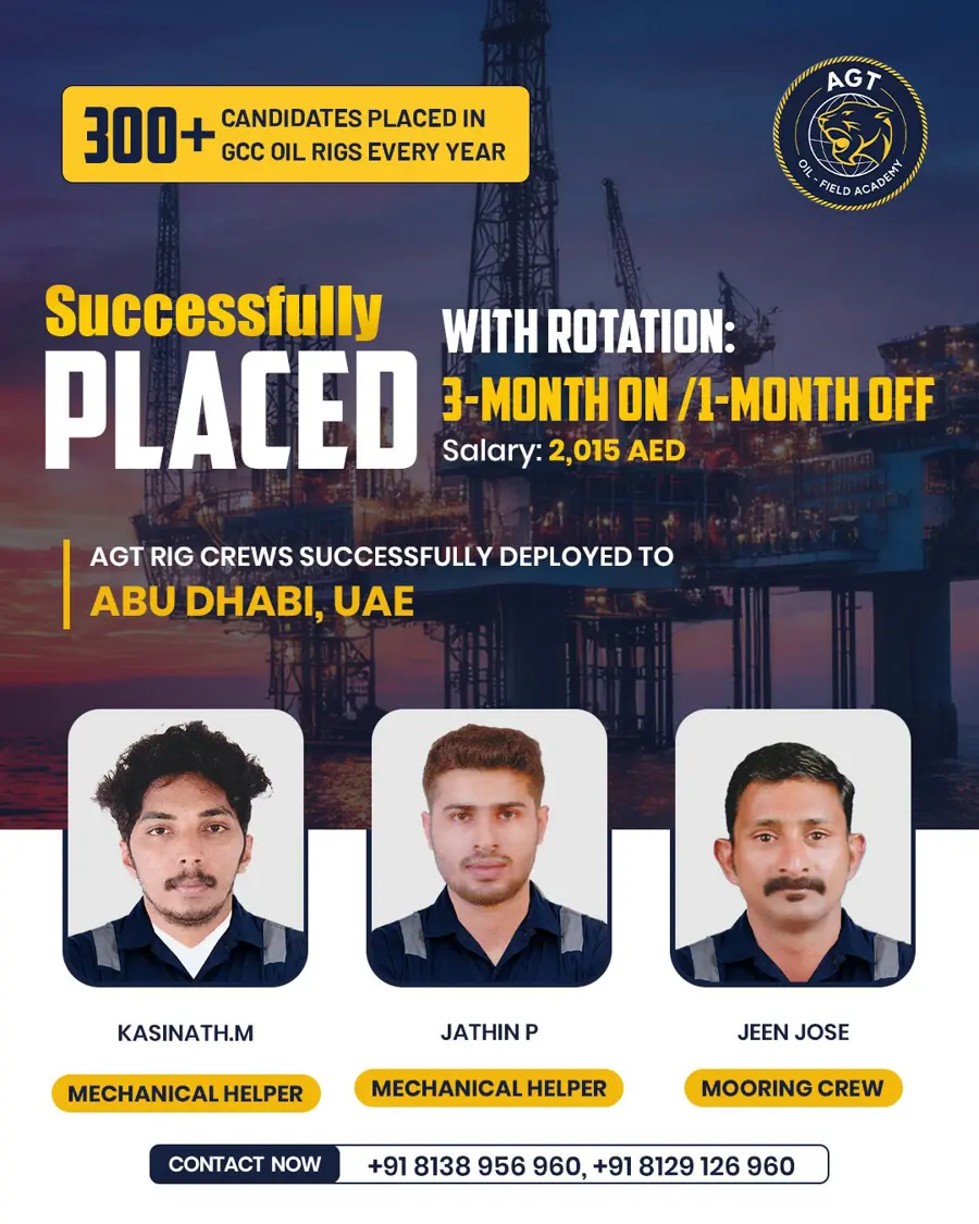 AGT placement announcement: rig crew deployed to Abu Dhabi, UAE — Kasinath M, Jathin P, Jeen Jose