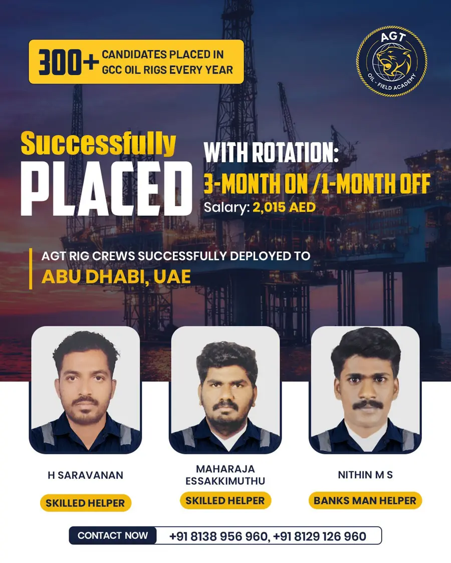 AGT placement announcement: rig crew deployed to Abu Dhabi, UAE — H Saravanan, Maharaja Essakkimuthu, Nithin M S